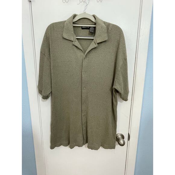 Y2K Claiborne Shirt XL Mens Beige Ribbed Knit Officecore Preppy Country Club - Picture 1 of 4